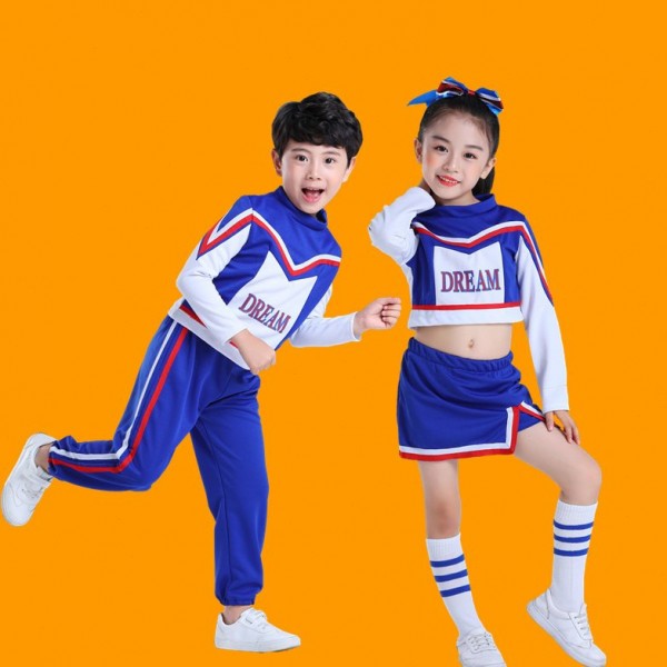 Children Boy girls red royal blue white cheerleading uniforms Opening Ceremony of Student Campus Games Aerobics Soccer Baby Cheerleading exercises Costumes